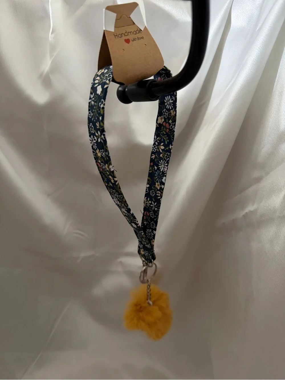 Handmade Navy Blue and White Floral Wristlet Keychain with Yellow Pompom